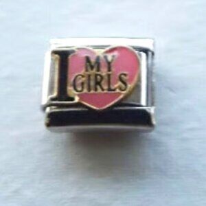 I (pink heart) My Girls enamel 9mm stainless steel italian charm bracelet link